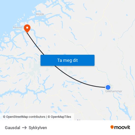 Gausdal to Sykkylven map