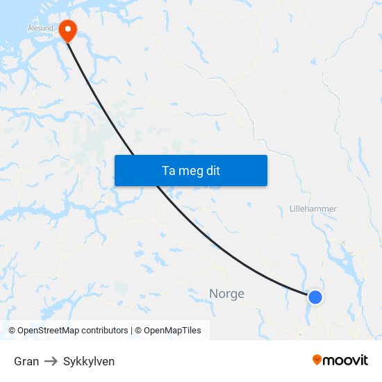 Gran to Sykkylven map