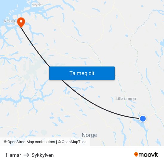 Hamar to Sykkylven map