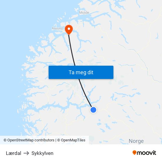 Lærdal to Sykkylven map