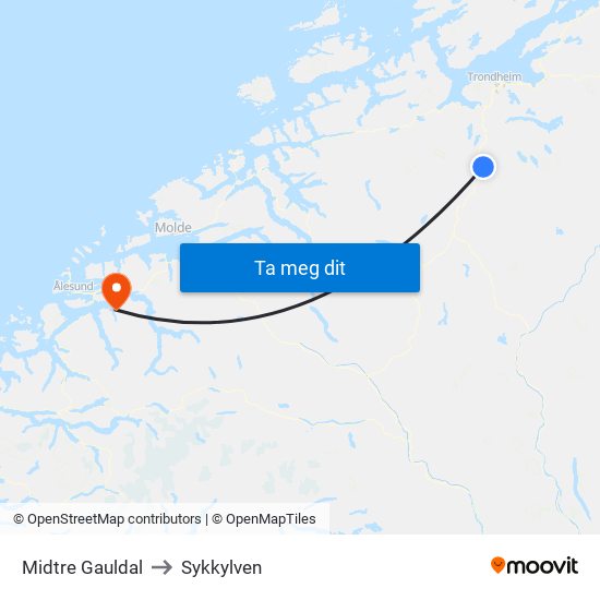 Midtre Gauldal to Sykkylven map