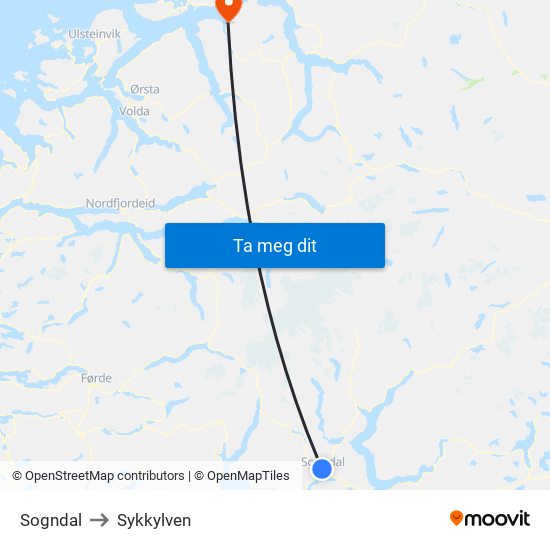 Sogndal to Sykkylven map