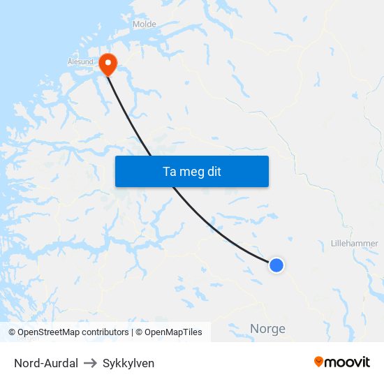 Nord-Aurdal to Sykkylven map