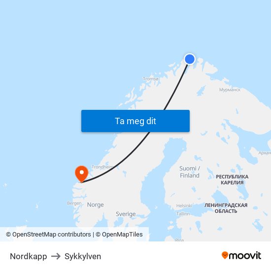 Nordkapp to Sykkylven map