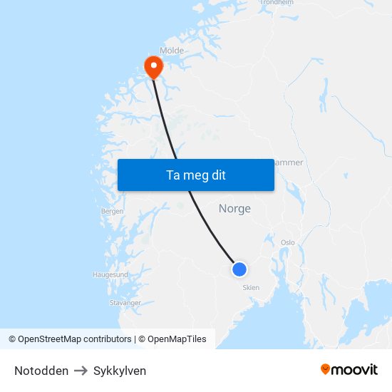 Notodden to Sykkylven map