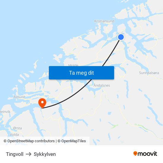 Tingvoll to Sykkylven map