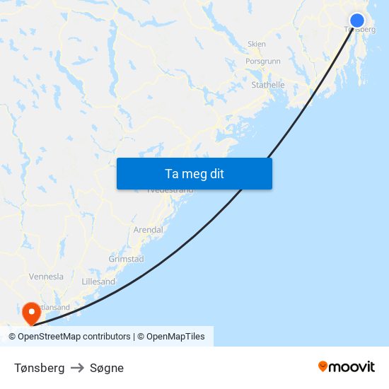 Tønsberg to Søgne map