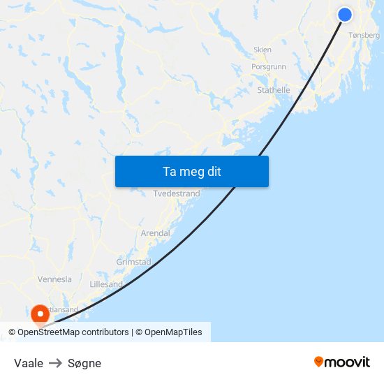Vaale to Søgne map