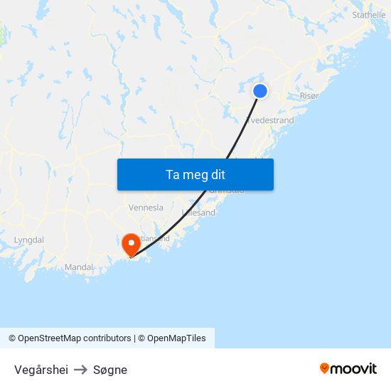 Vegårshei to Søgne map