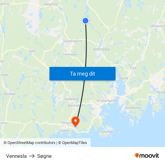 Vennesla to Søgne map