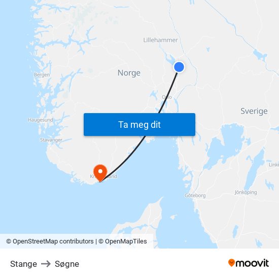 Stange to Søgne map