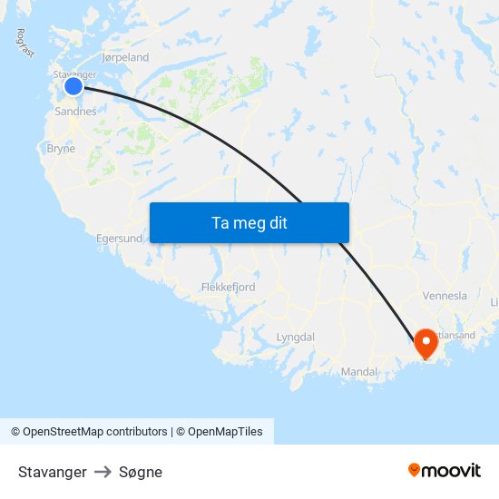 Stavanger to Søgne map