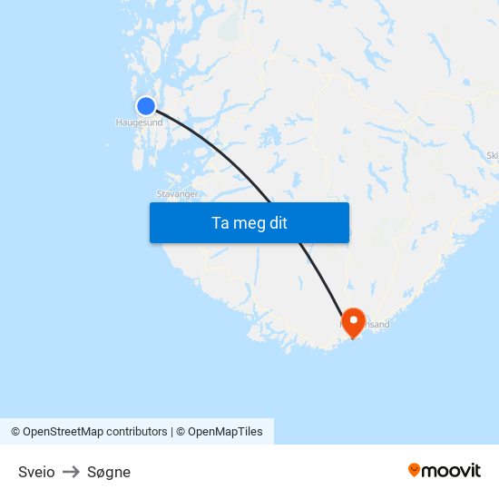 Sveio to Søgne map