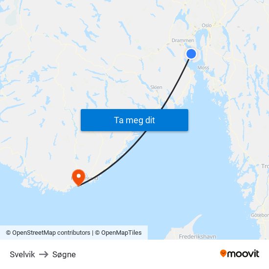 Svelvik to Søgne map