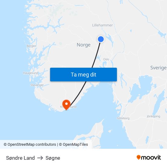 Søndre Land to Søgne map
