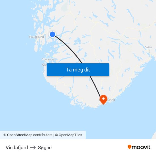 Vindafjord to Søgne map