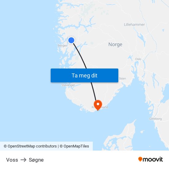 Voss to Søgne map