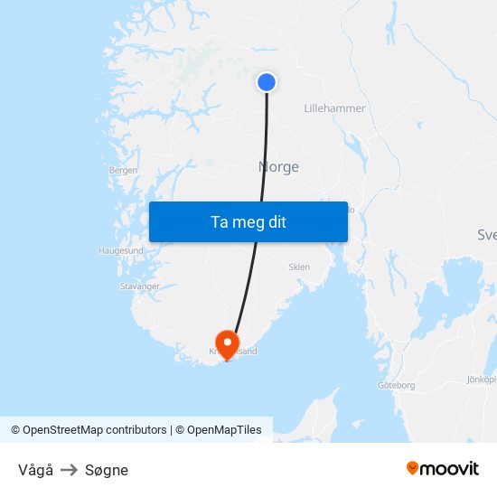 Vågå to Søgne map