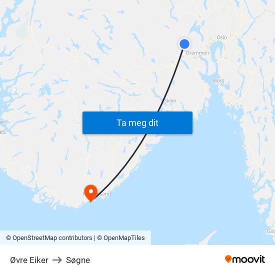 Øvre Eiker to Søgne map