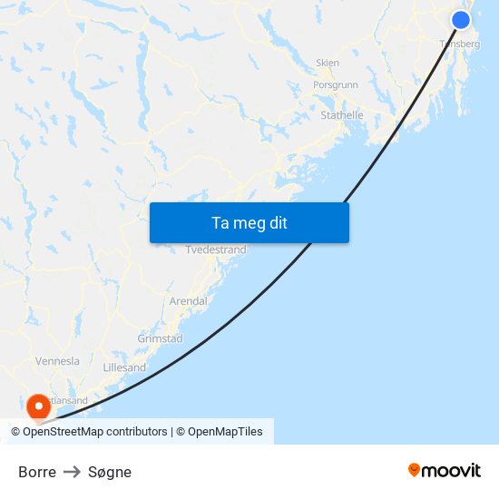 Borre to Søgne map