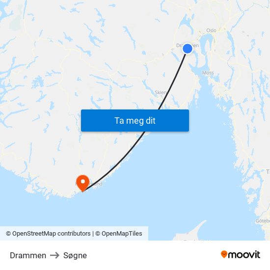 Drammen to Søgne map