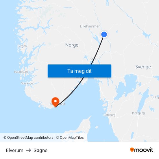 Elverum to Søgne map