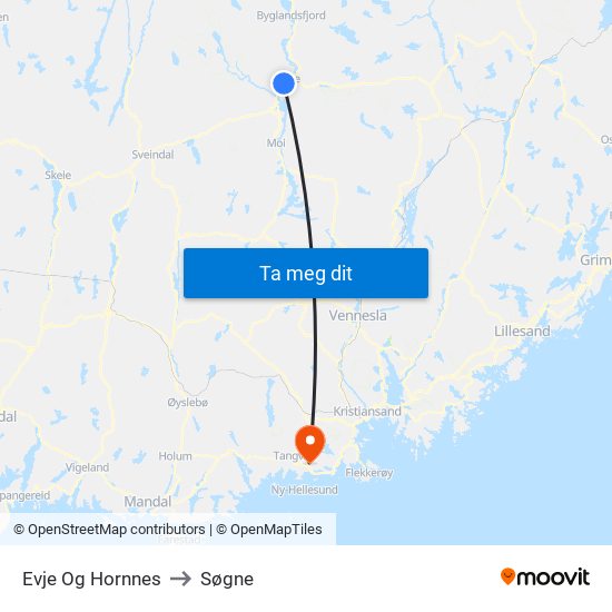 Evje Og Hornnes to Søgne map