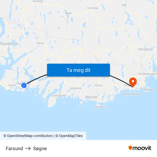 Farsund to Søgne map