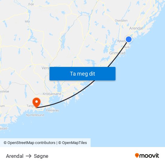 Arendal to Søgne map