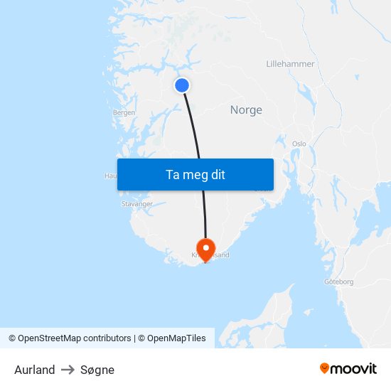 Aurland to Søgne map