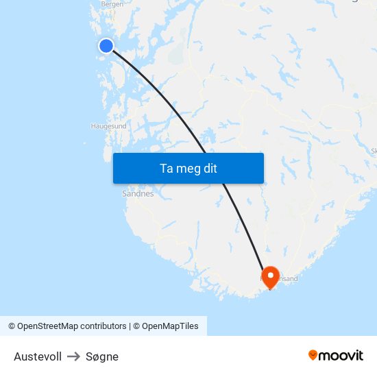 Austevoll to Søgne map