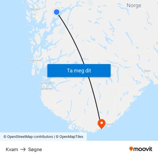 Kvam to Søgne map