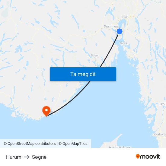 Hurum to Søgne map