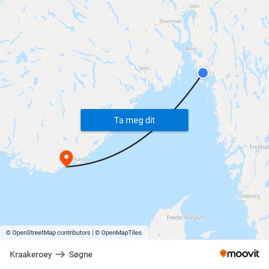 Kraakeroey to Søgne map