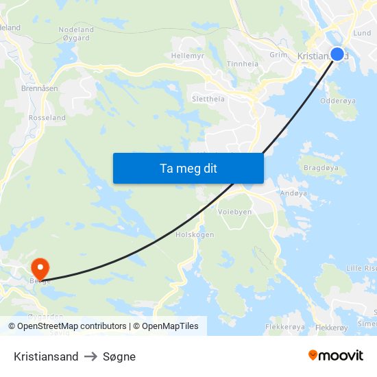Kristiansand to Søgne map