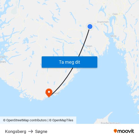 Kongsberg to Søgne map