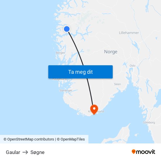 Gaular to Søgne map