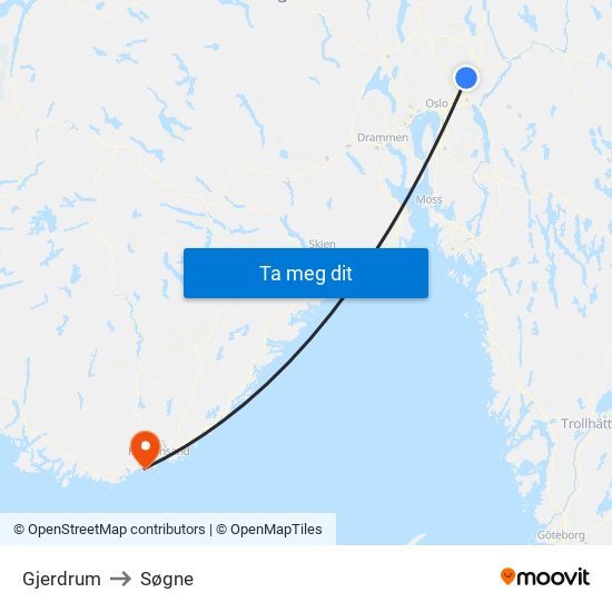 Gjerdrum to Søgne map