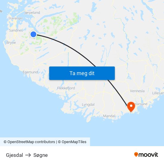 Gjesdal to Søgne map