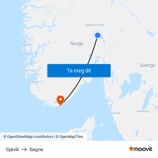 Gjøvik to Søgne map