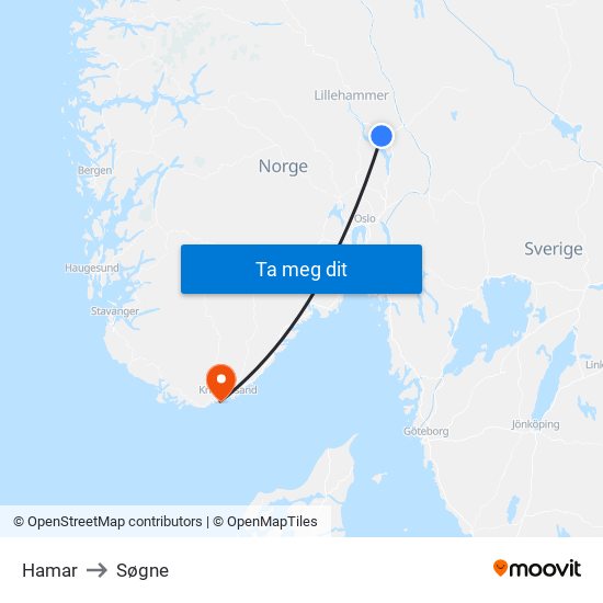 Hamar to Søgne map