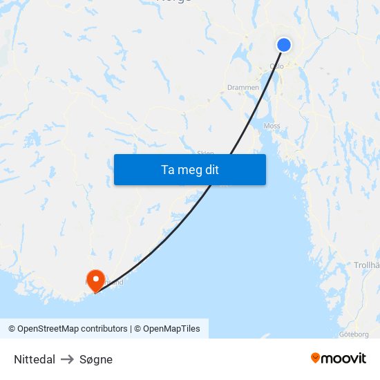 Nittedal to Søgne map