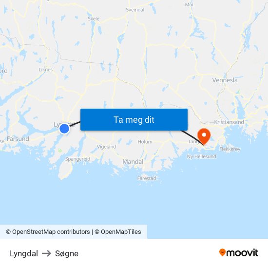 Lyngdal to Søgne map
