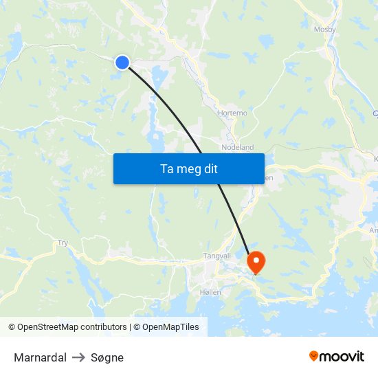 Marnardal to Søgne map