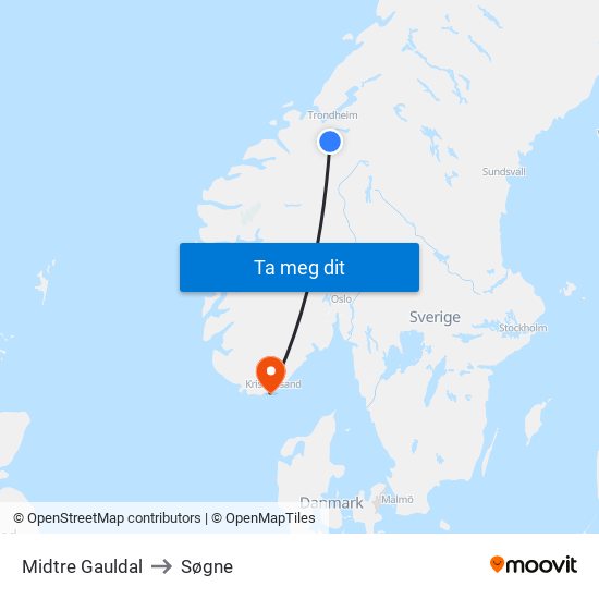 Midtre Gauldal to Søgne map