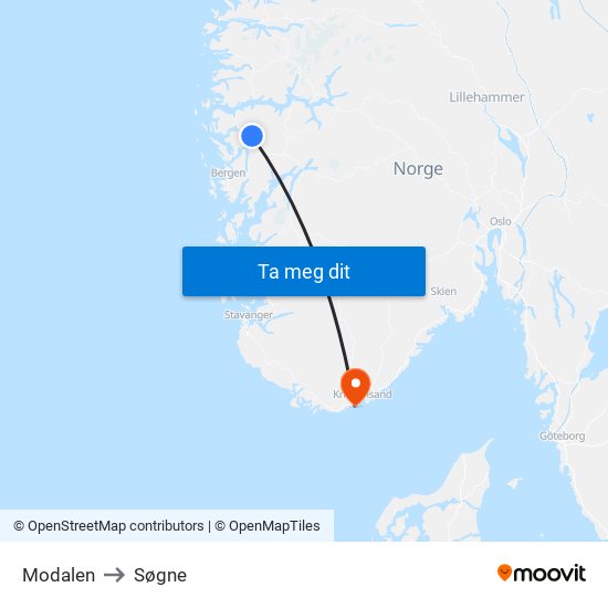 Modalen to Søgne map