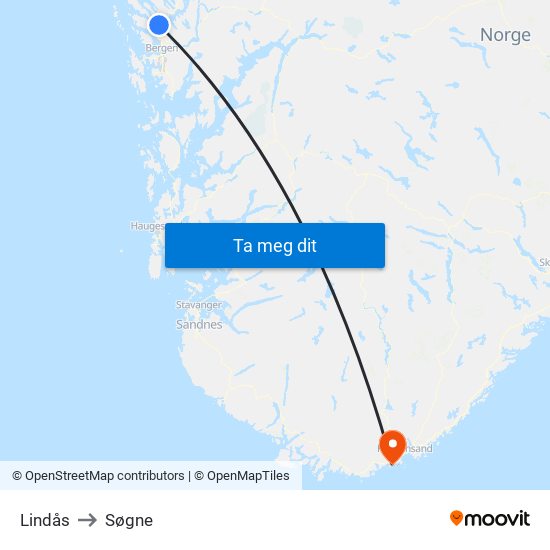 Lindås to Søgne map