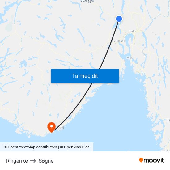 Ringerike to Søgne map