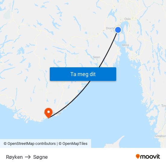 Røyken to Søgne map