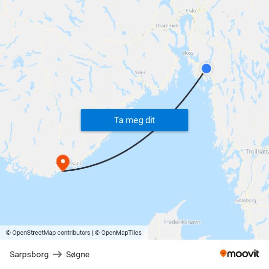 Sarpsborg to Søgne map